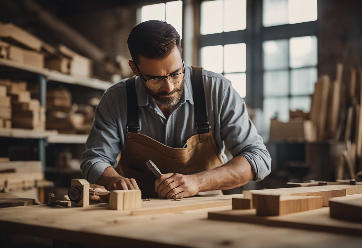 A carpenter meticulously measures and cuts wood, surrounded by various tools and materials in a well-lit workshop