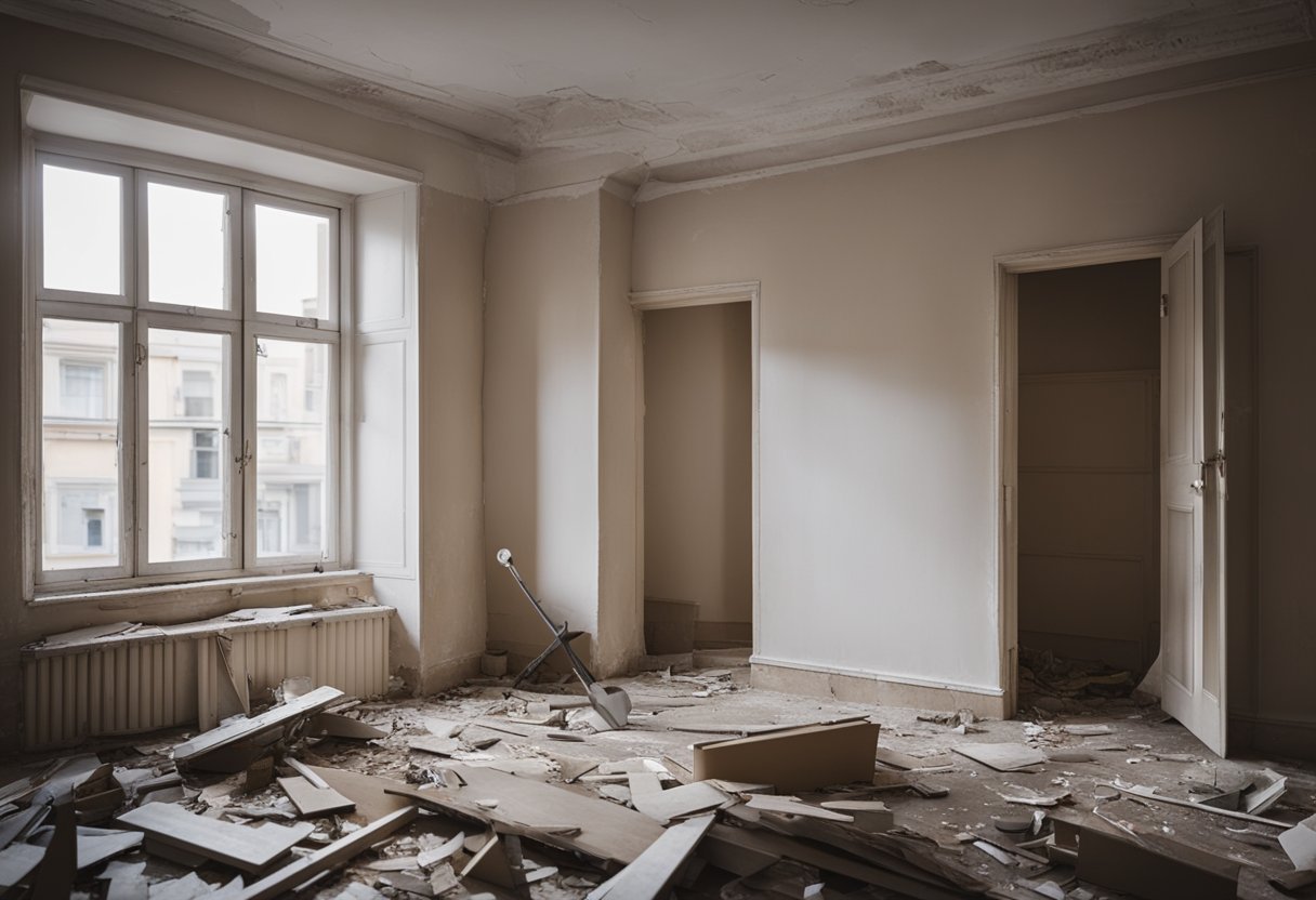 A cluttered 2-room flat with renovation tools scattered. Walls stripped, floor covered in debris. Windows open, letting in natural light