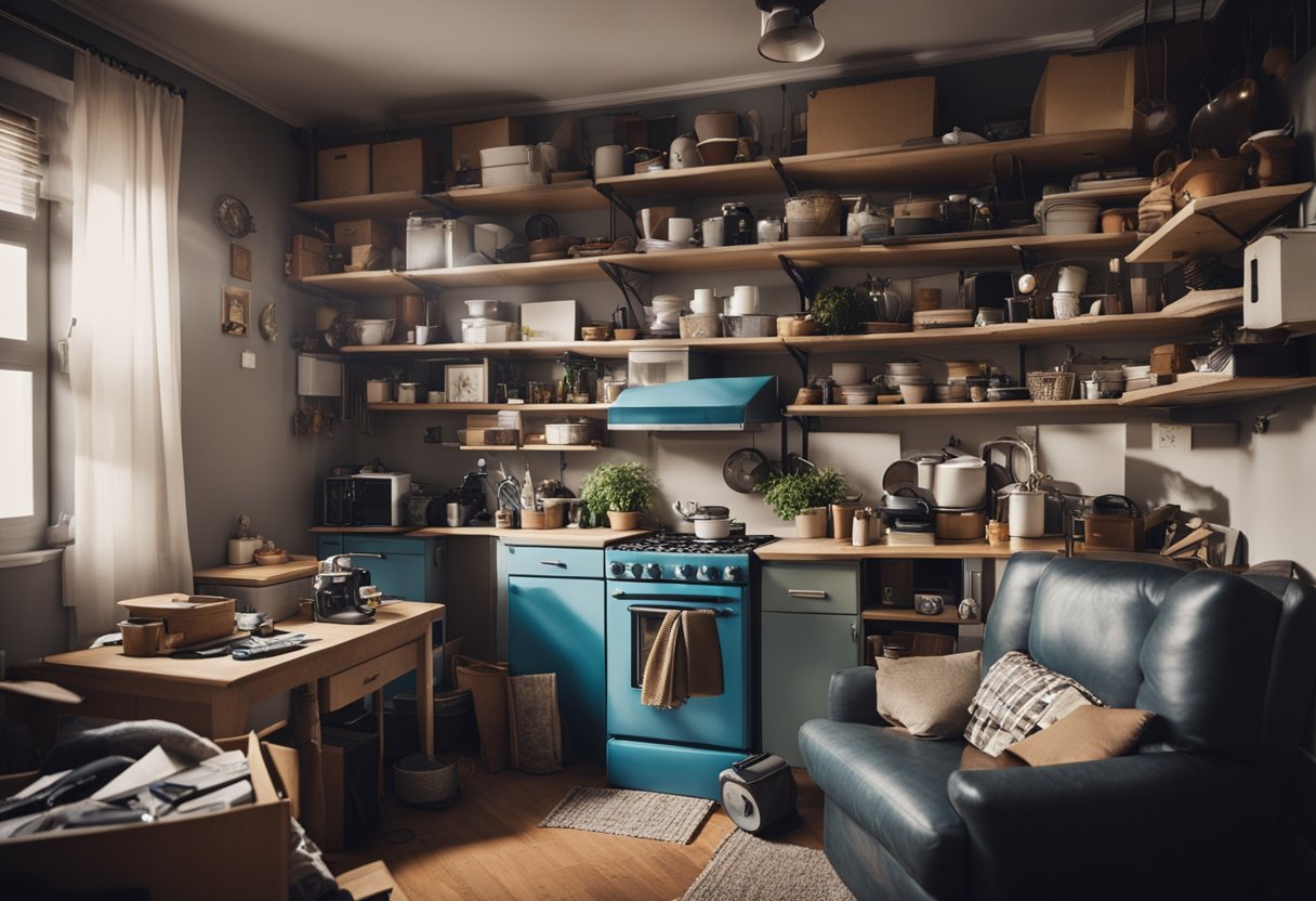 A cluttered, cramped apartment with limited space for renovation. Furniture pushed against walls, shelves overflowing with belongings. A small kitchen area and a cluttered living space