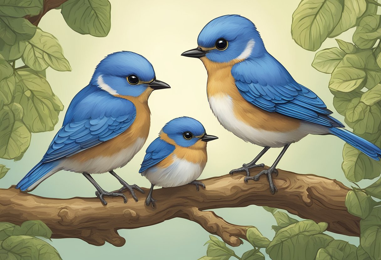 Two baby bluebirds perch on a branch, one with a crown and the other with a shield. A scroll below reads "Tips For Brainstorming The Perfect Name twin baby boy names with meanings."