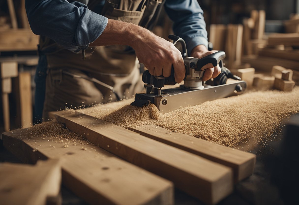 A carpenter measures and cuts wood in a workshop filled with tools and lumber. Sawdust fills the air as the sound of hammers and drills echo