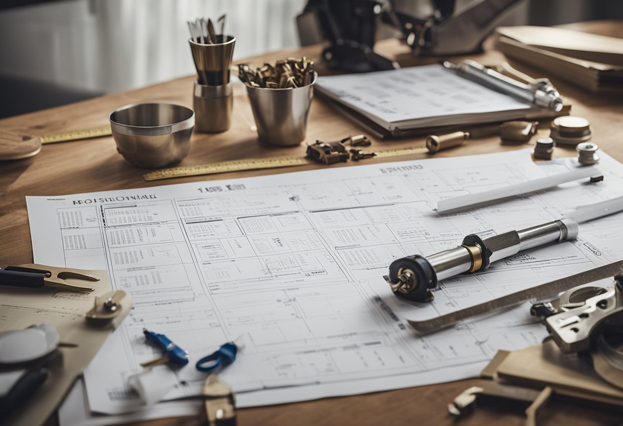 Blueprints and tools lay scattered on a table, while a calendar marks out the whole house renovation timeline on the wall