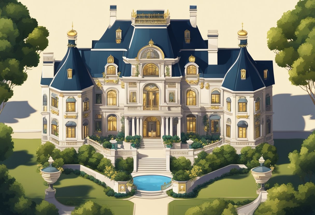 A luxurious mansion with a grand entrance, adorned with a gilded sign displaying the elegant surnames of the wealthy inhabitants