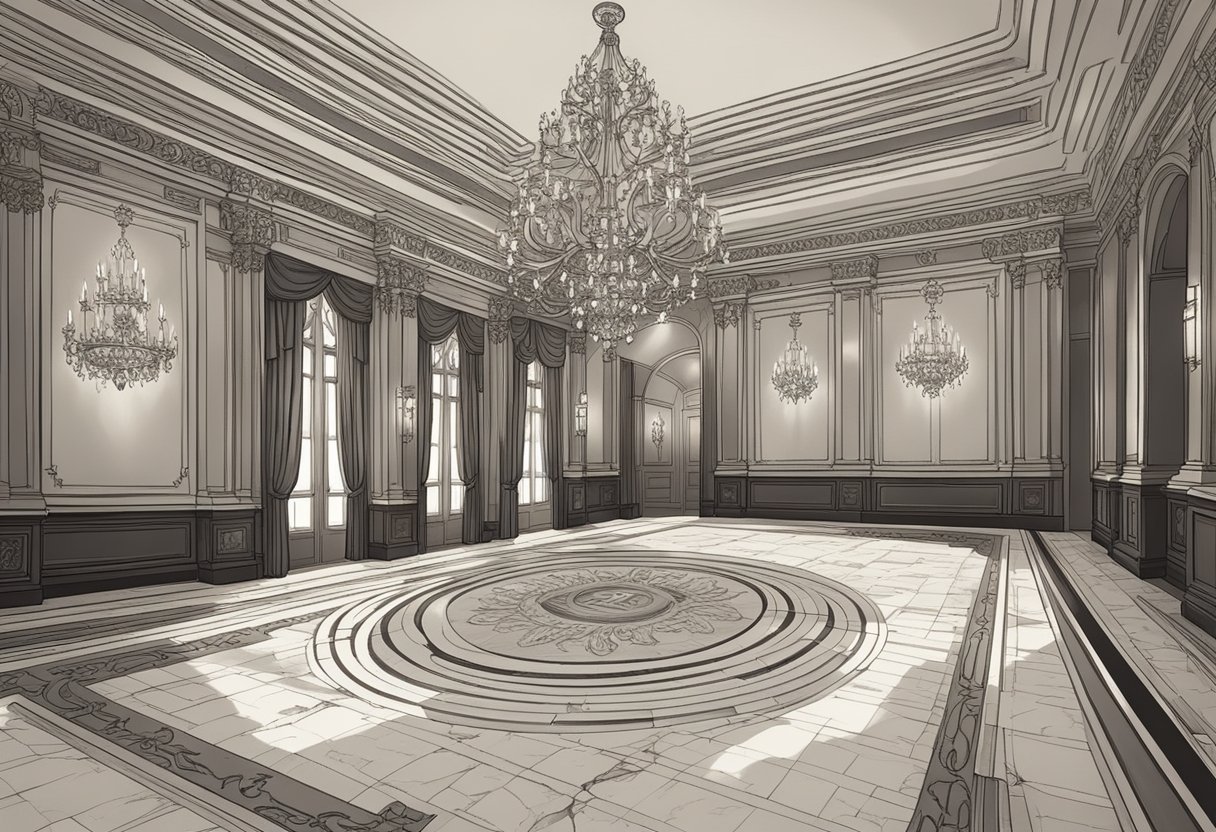 A grand ballroom with ornate chandeliers and marble floors, displaying a regal family crest with the words "Good Names" in elegant calligraphy