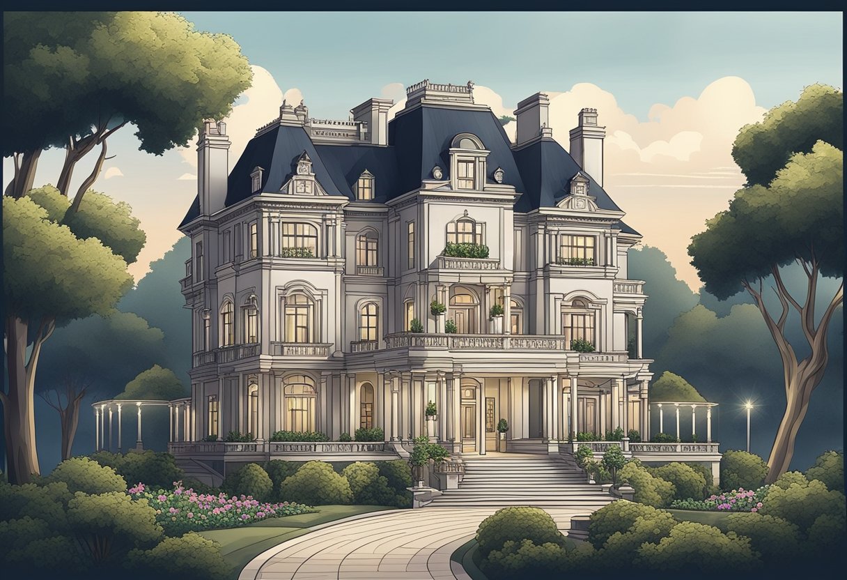 A luxurious mansion with a grand entrance, adorned with ornate decorations and surrounded by manicured gardens, exuding an air of sophistication and wealth