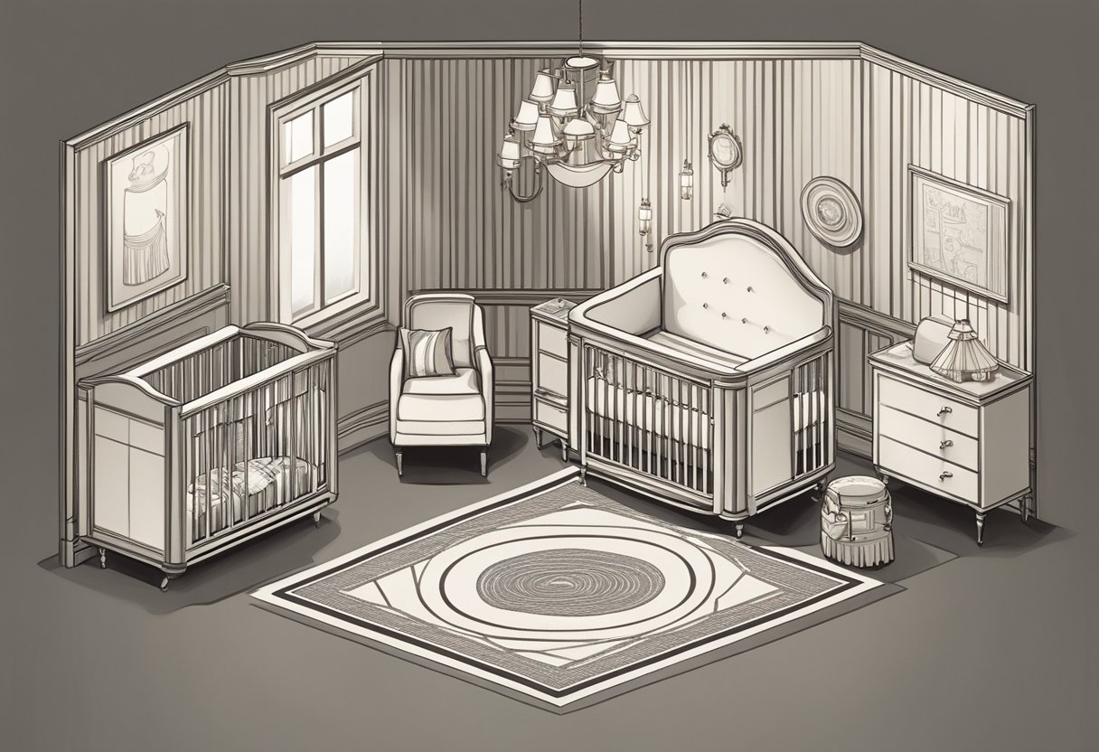 A sleek, sophisticated baby nursery with a vintage spy theme. A crib draped in luxurious fabrics, surrounded by sleek furniture and spy-themed decor