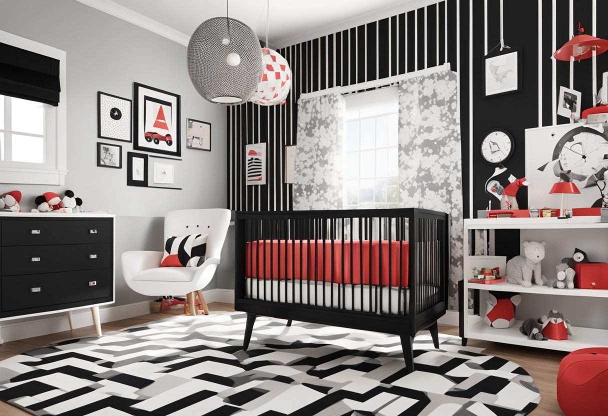 A sleek, modern nursery with a vintage touch. A black and white color scheme with pops of red. A collection of spy-themed baby girl names displayed on the wall