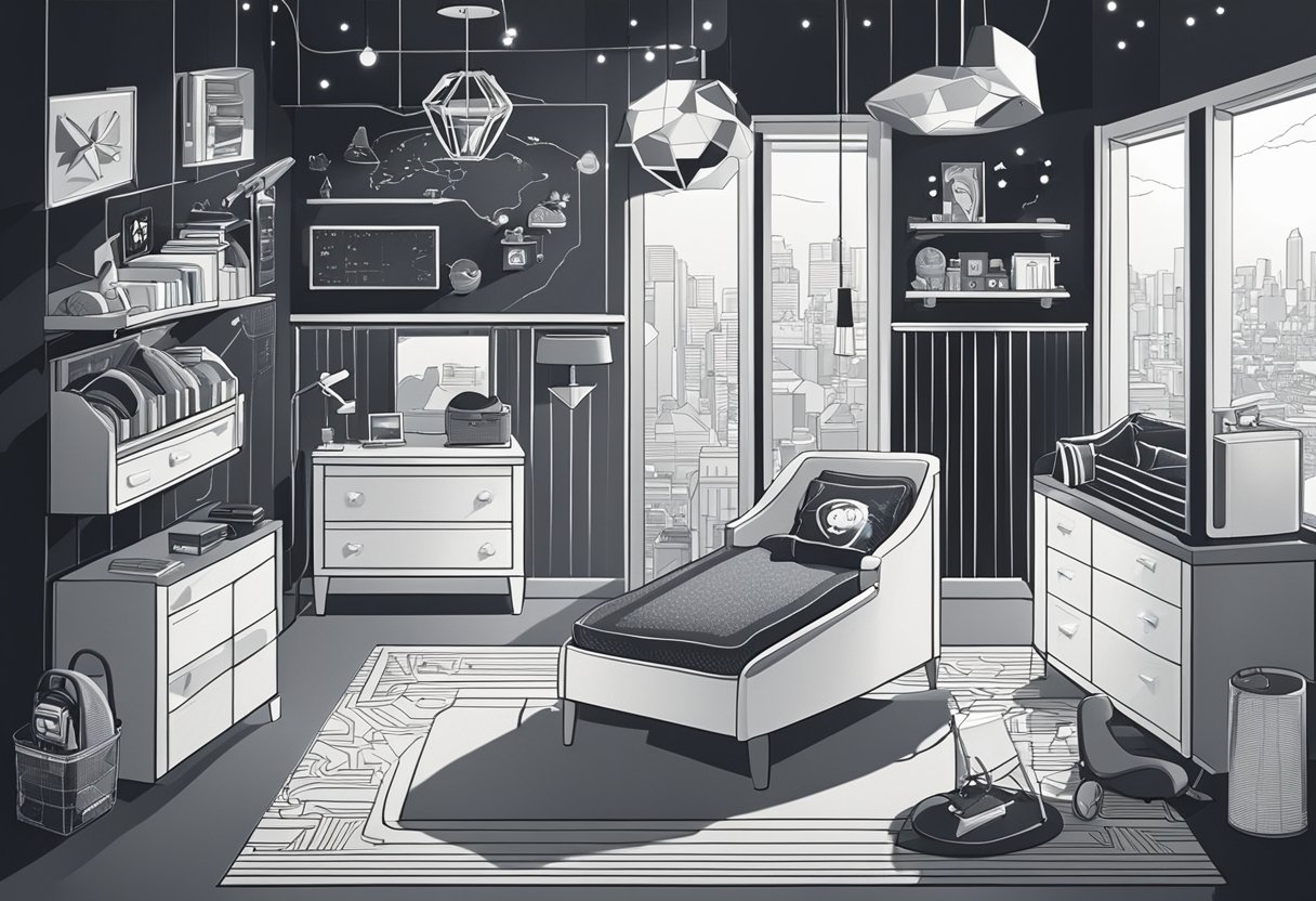 A sleek, modern nursery with spy-themed decor, including gadgets, maps, and sleek black and silver furniture