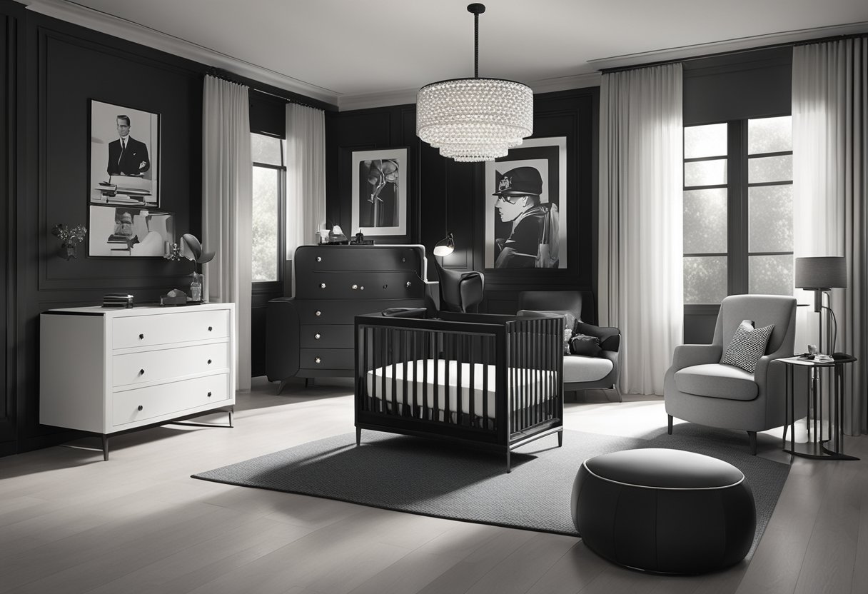 A sleek, sophisticated baby nursery with a secret agent theme. Black and white color scheme, sleek furniture, and subtle nods to James Bond