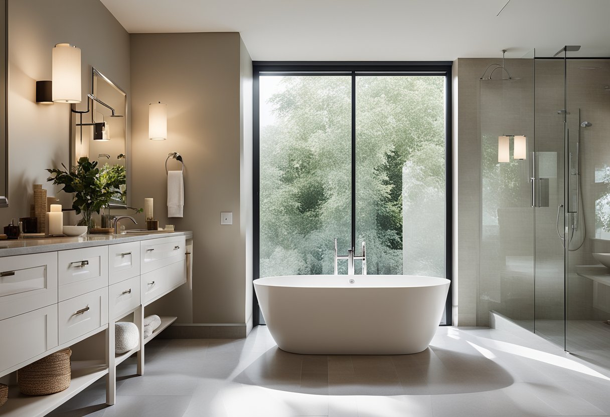 A spacious, modern bathroom with a freestanding tub, walk-in shower, and sleek double vanity. Natural light floods in from a large window, highlighting the clean lines and neutral color palette