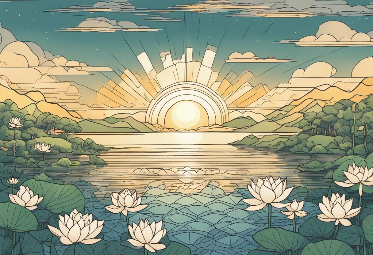 A sunrise over a tranquil lake, with a lotus flower emerging from the water symbolizing new beginning and rebirth