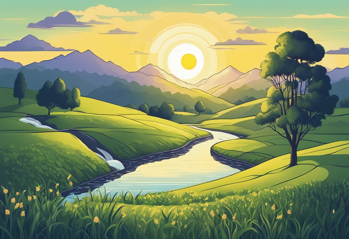 A sunrise over a serene meadow, with a budding tree and a flowing stream, symbolizing new beginnings and rebirth