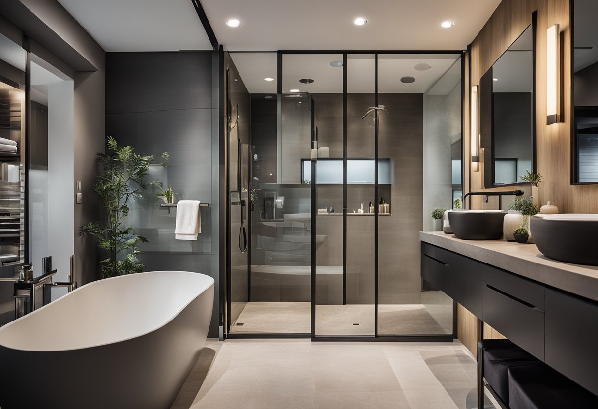 A modern bathroom with sleek fixtures and a spacious layout, featuring innovative design ideas such as a floating vanity and a glass-enclosed shower