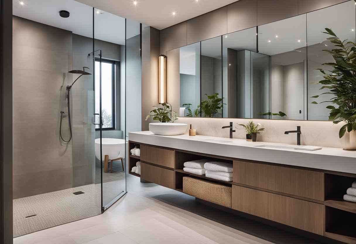 A modern bathroom with sleek fixtures, a spacious walk-in shower, a freestanding bathtub, and a double vanity with integrated storage