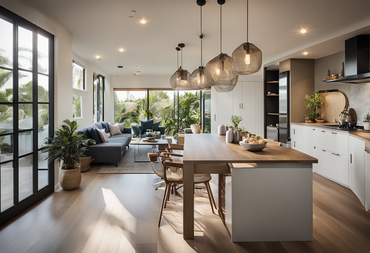 A bungalow's interior is transformed with open floor plan, natural light, and modern fixtures