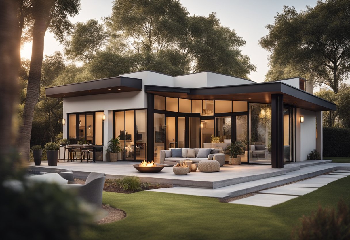 A bungalow with a spacious outdoor patio, cozy fire pit, and folding glass doors opening to the living room