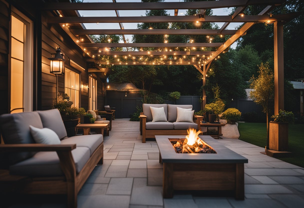 A cozy bungalow with a fresh coat of paint, new landscaping, and modernized fixtures. A pergola shades the outdoor seating area, while a fire pit adds warmth