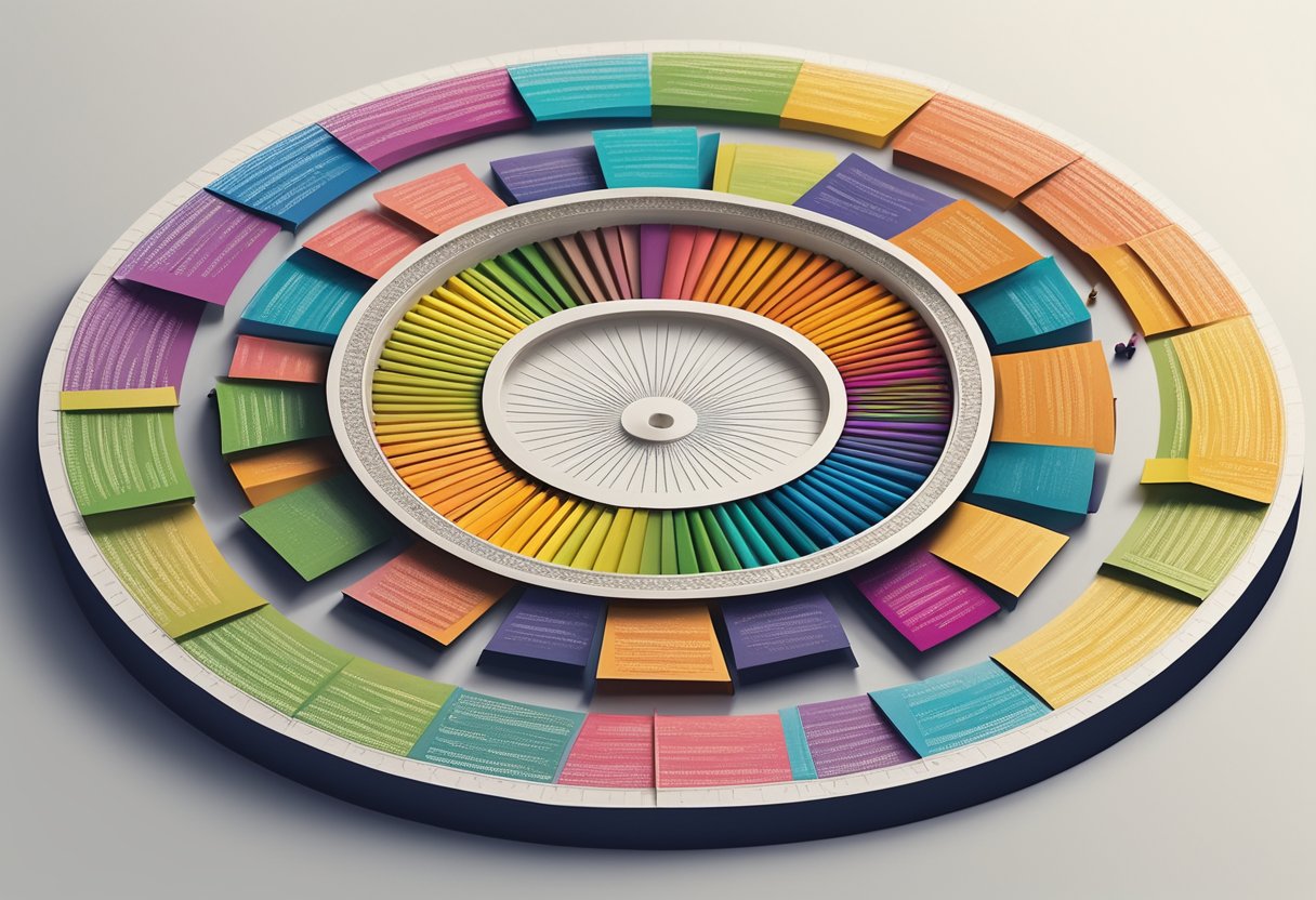 A colorful array of Indian last names arranged in a circular pattern, with a pencil and paper nearby for brainstorming