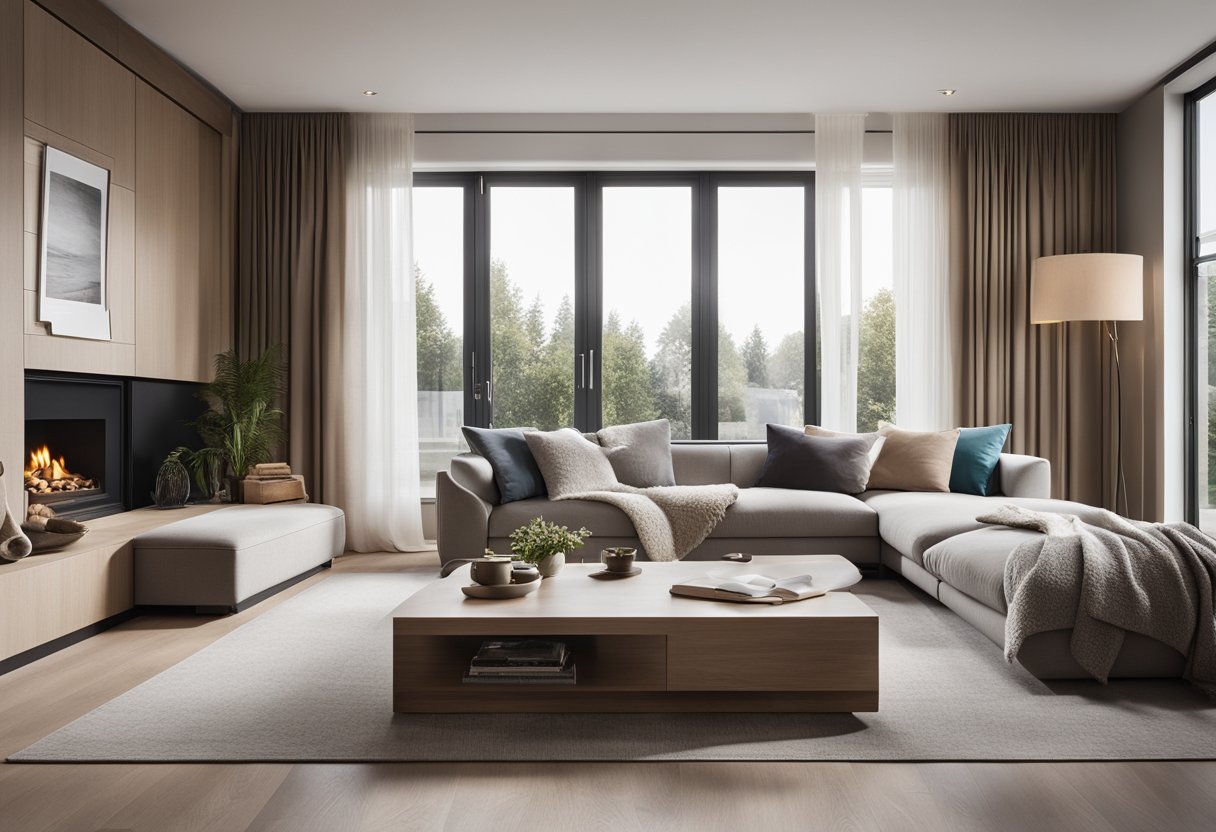 A spacious semi-detached living room with modern furniture, large windows, and a cozy fireplace. The room is elegantly decorated with neutral tones and pops of color, creating a welcoming and stylish atmosphere