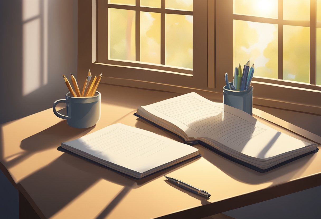A table with a notepad, pen, and open book on baby names. A window with sunlight shining in, casting a warm glow on the scene