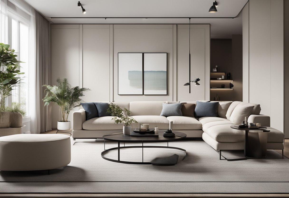 A spacious living room with modern semi-d design. Clean lines, neutral colors, and minimalist furniture create a sleek and sophisticated aesthetic
