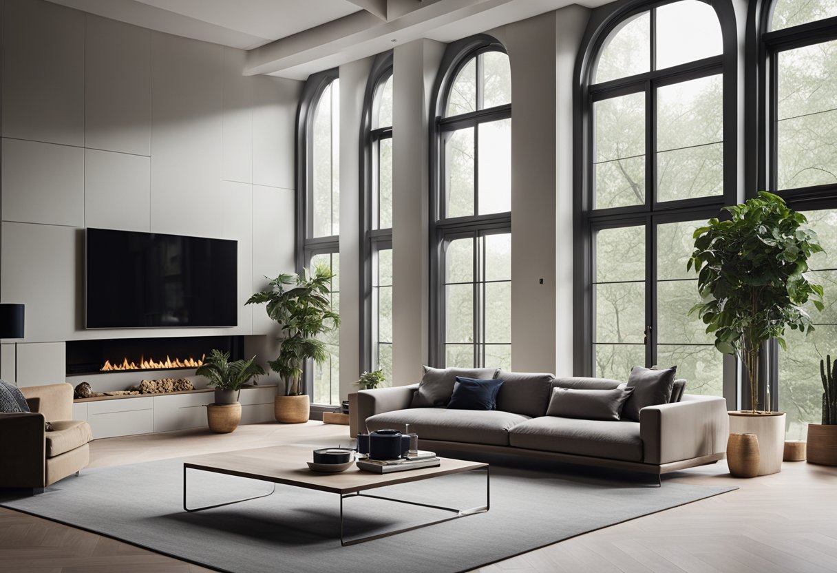The semi-detached living room features high ceilings, large windows, and a modern fireplace. The room is adorned with sleek furniture and minimalist design elements, creating a spacious and elegant atmosphere