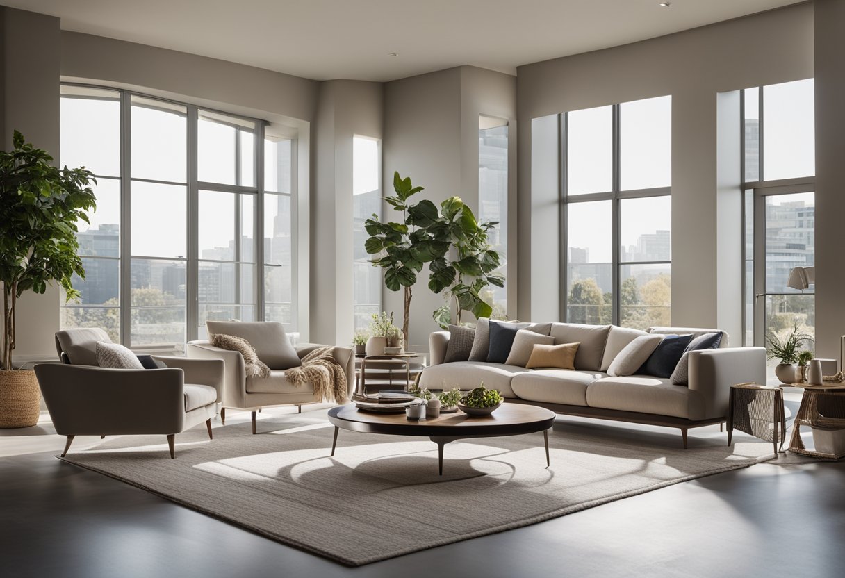 A modern living room with sleek furniture, a neutral color scheme, and ample natural light streaming in through large windows