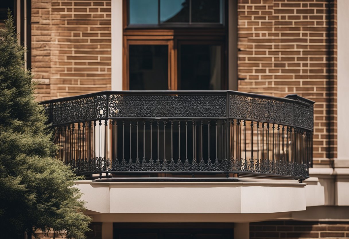 A balcony with intricate brick railing designs, featuring geometric patterns and ornate details. The railing wraps around the balcony, adding a touch of elegance to the outdoor space