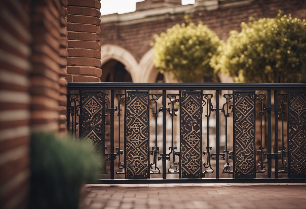 A brick balcony railing with intricate design, featuring symmetrical patterns and sturdy construction. The railing is made of weathered red bricks, with decorative elements such as arches and geometric shapes