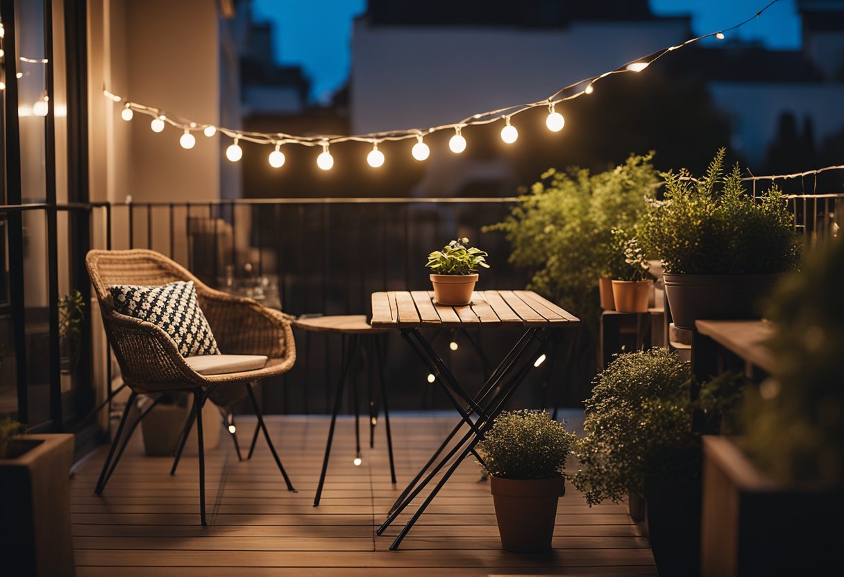 A cozy balcony with potted plants, a small bistro table and chairs, and a string of fairy lights creating a warm and inviting atmosphere