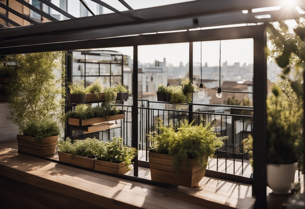 A cozy balcony with retractable glass walls, adjustable pergola, and built-in planter boxes for a relaxing and stylish outdoor retreat