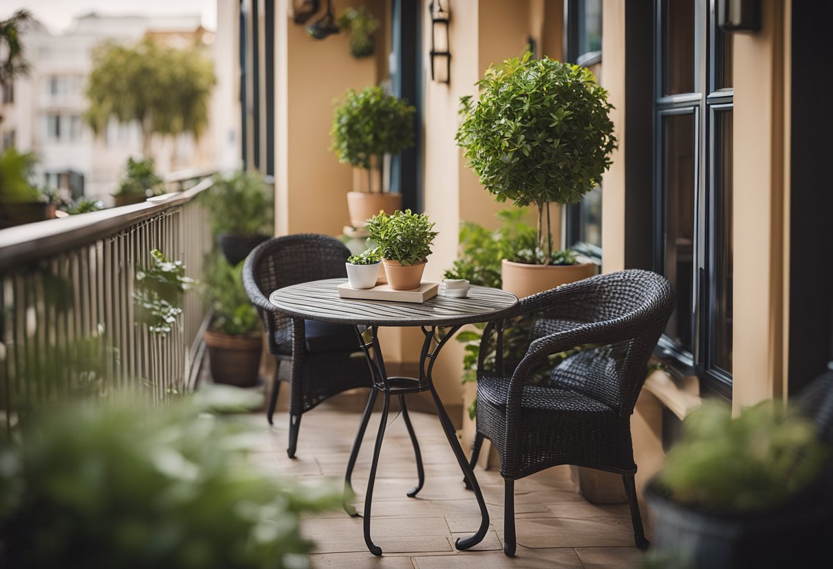 A cozy balcony with potted plants, comfortable seating, and a small table. A sign with "Frequently Asked Questions" hangs on the wall