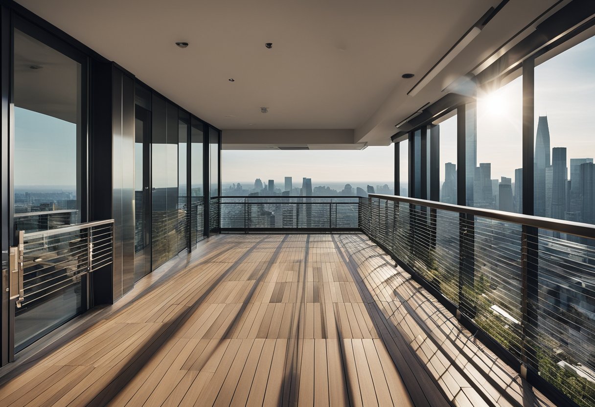 A modern balcony with sleek metal grill options, overlooking a city skyline. Safety and style combine in the design choices