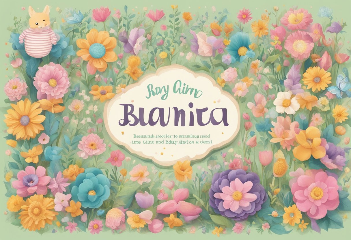 A collection of adorable baby girl names and their meanings displayed in a colorful, whimsical font with playful illustrations and vibrant flowers surrounding the text