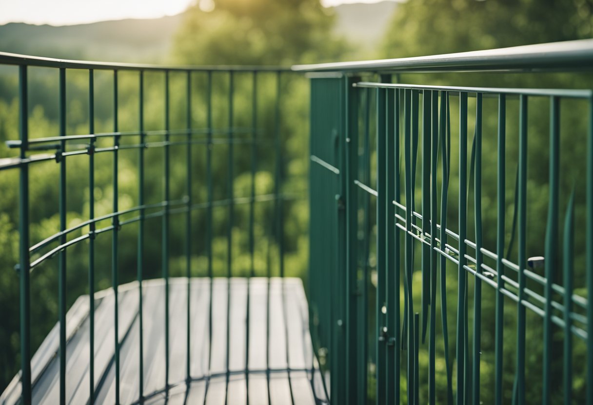 A sturdy balcony grill with vertical bars and a secure locking mechanism, installed at a safe distance from the edge, overlooking a green landscape