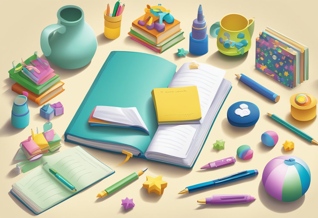 A colorful array of baby items and name books spread out on a table, with a pen and paper ready for brainstorming