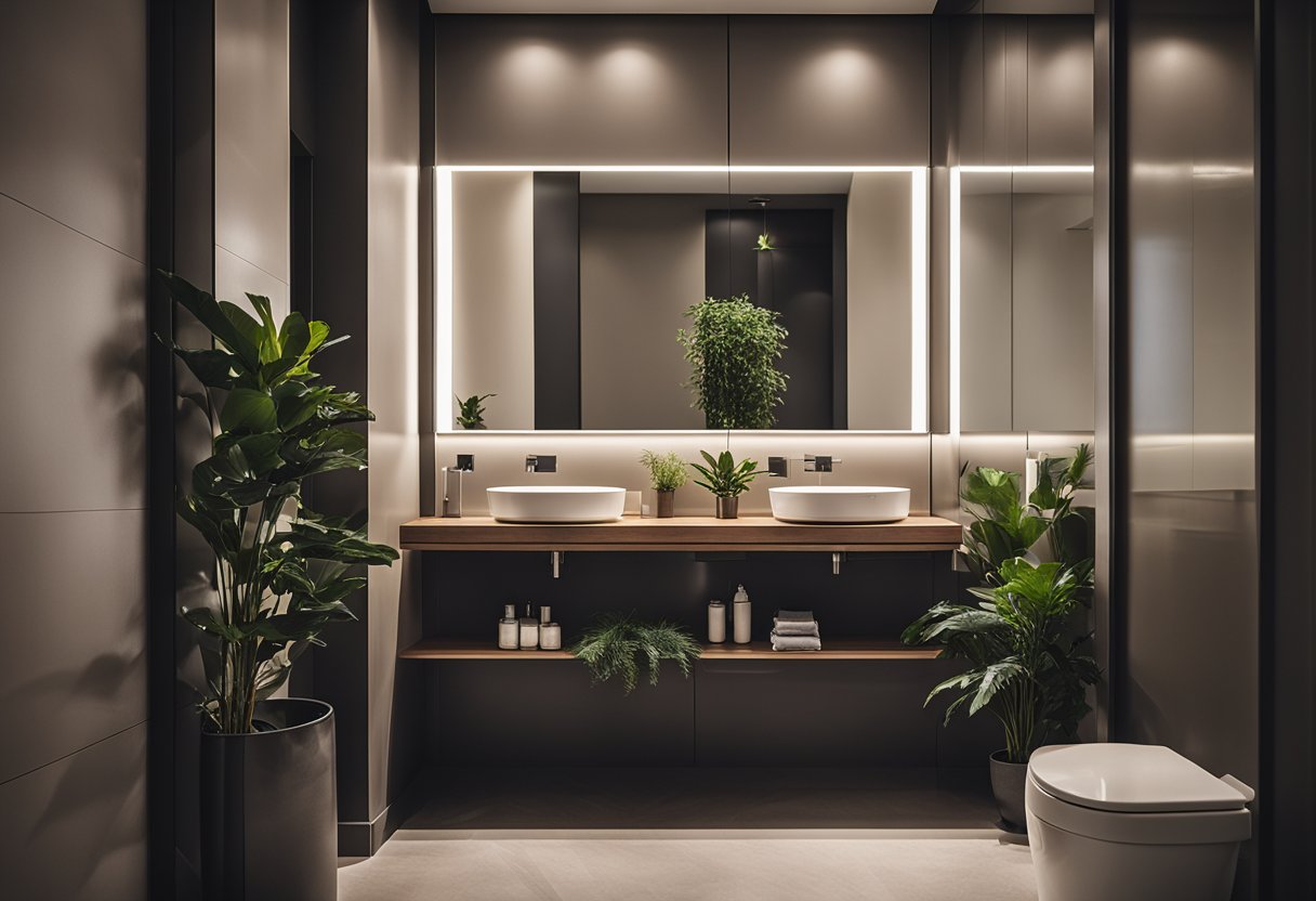 A modern toilet with sleek fixtures, soft lighting, and a minimalist color scheme. A large mirror and potted plants add a touch of luxury to the space