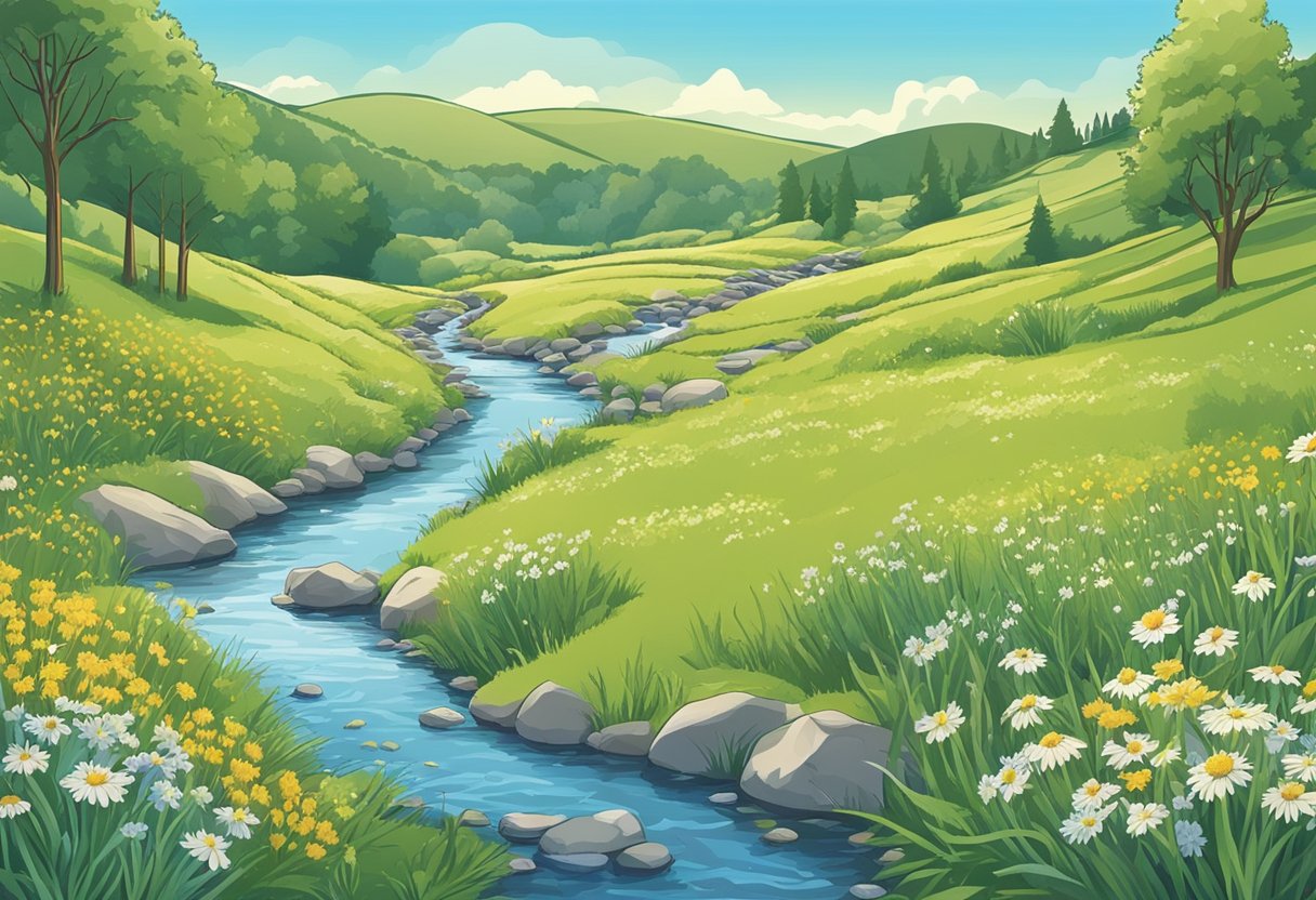 A serene meadow with wildflowers and a gentle stream, under a clear blue sky