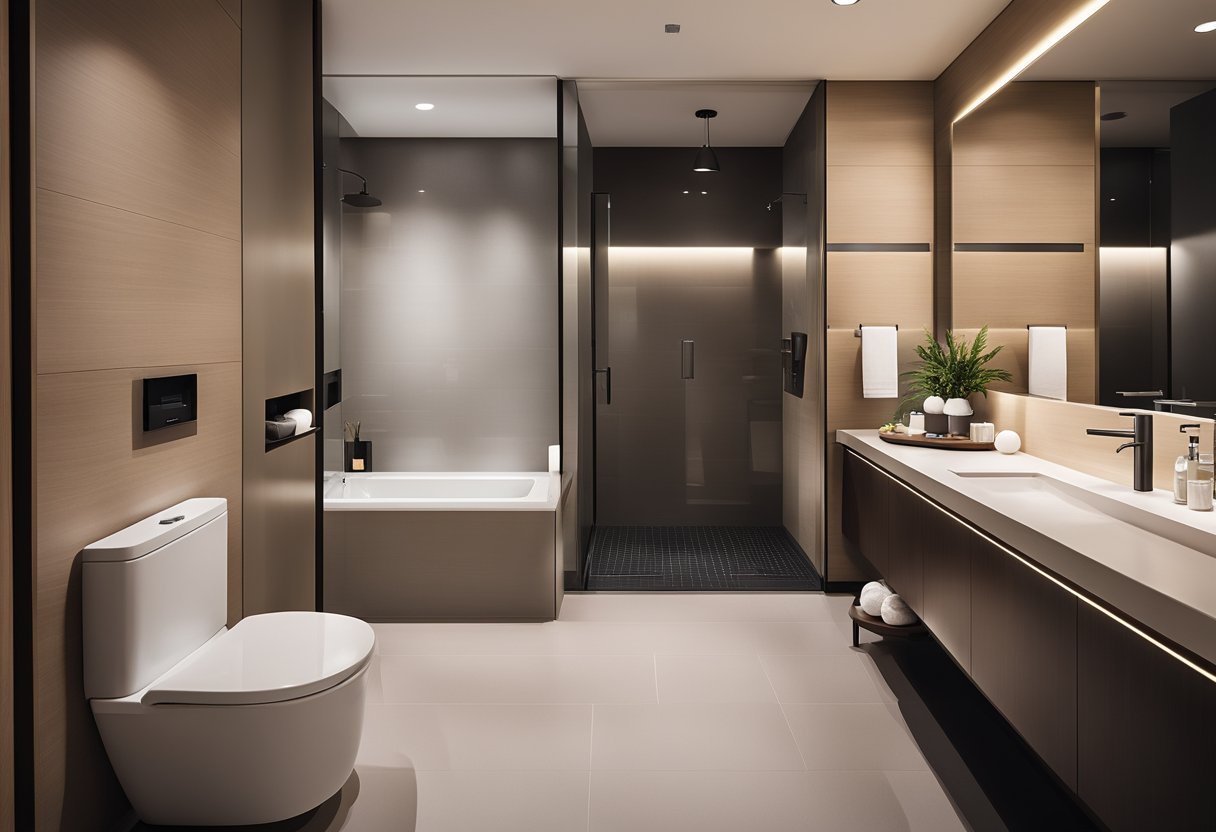 A modern hotel toilet with sleek fixtures, clean lines, and soft lighting. The design includes a spacious vanity, a stylish toilet, and a walk-in shower
