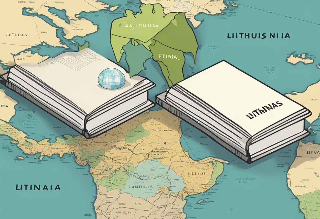 A stack of books on Lithuanian culture, a notepad with name ideas, and a world map with Lithuania highlighted