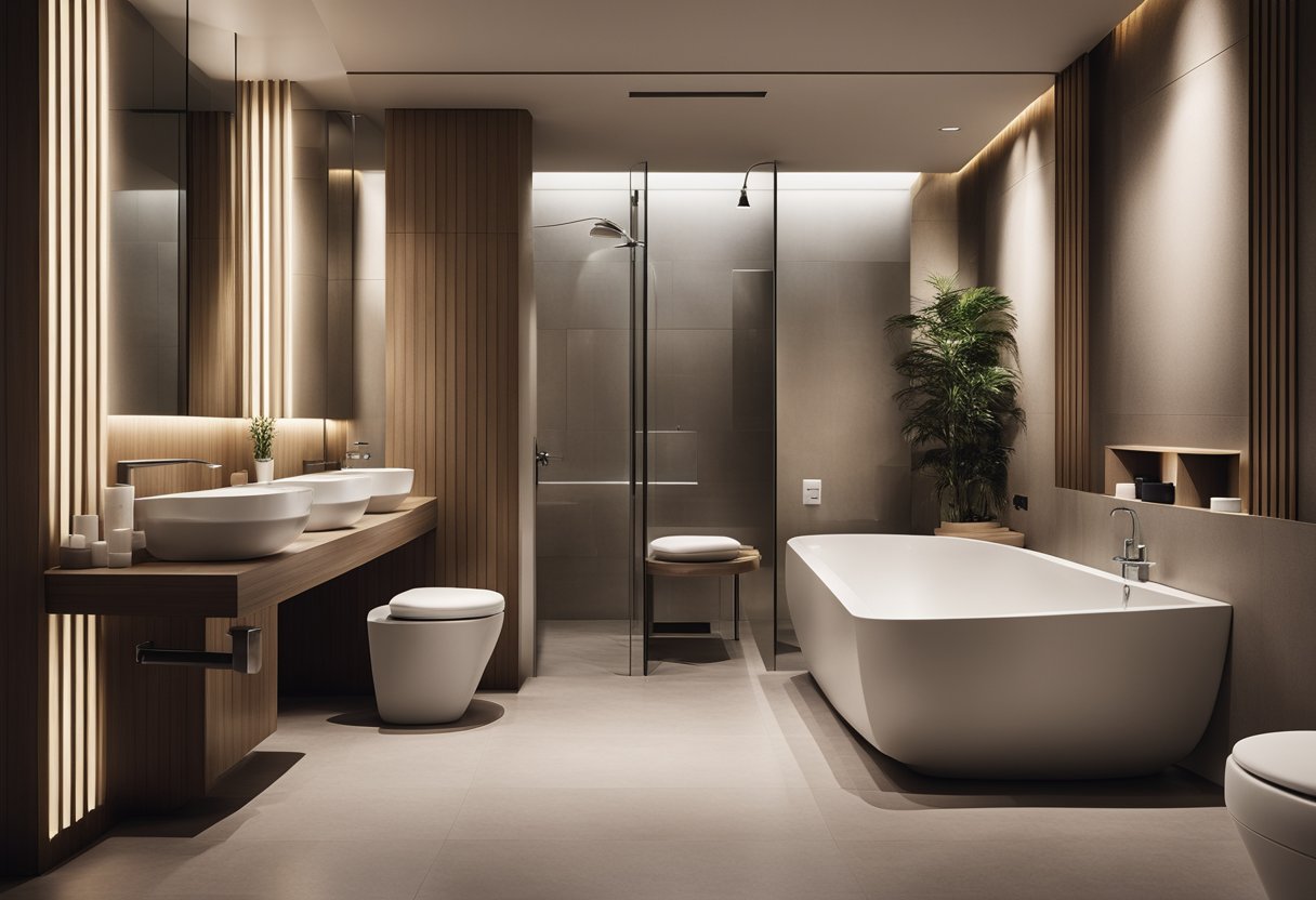 A modern hotel bathroom with sleek, minimalist toilet design. Clean lines, neutral colors, and efficient use of space