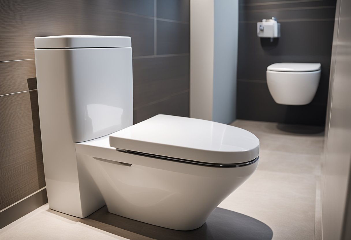 A sleek, modern toilet with clean lines and a minimalist design. The toilet is surrounded by a spacious, well-lit bathroom with contemporary fixtures and a neutral color palette