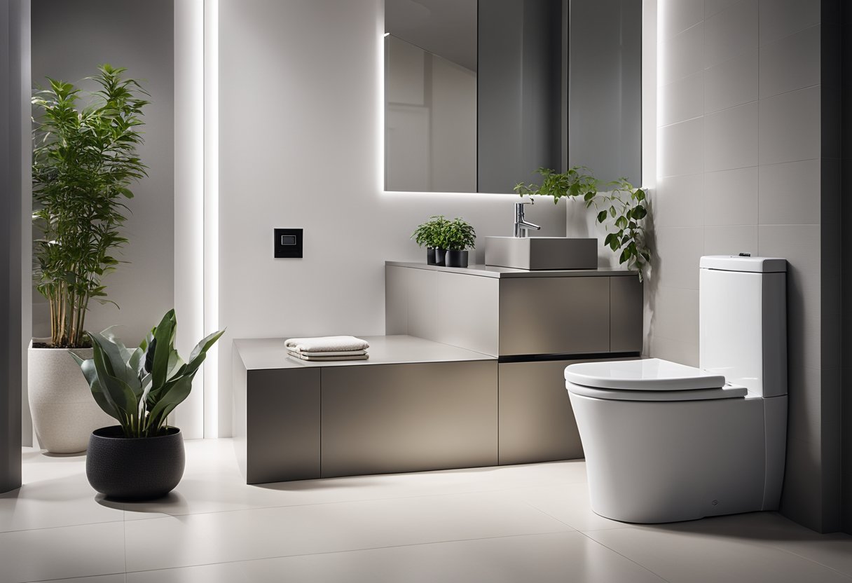 A modern, sleek toilet with clean lines and efficient use of space, featuring a dual-flush system and water-saving technology