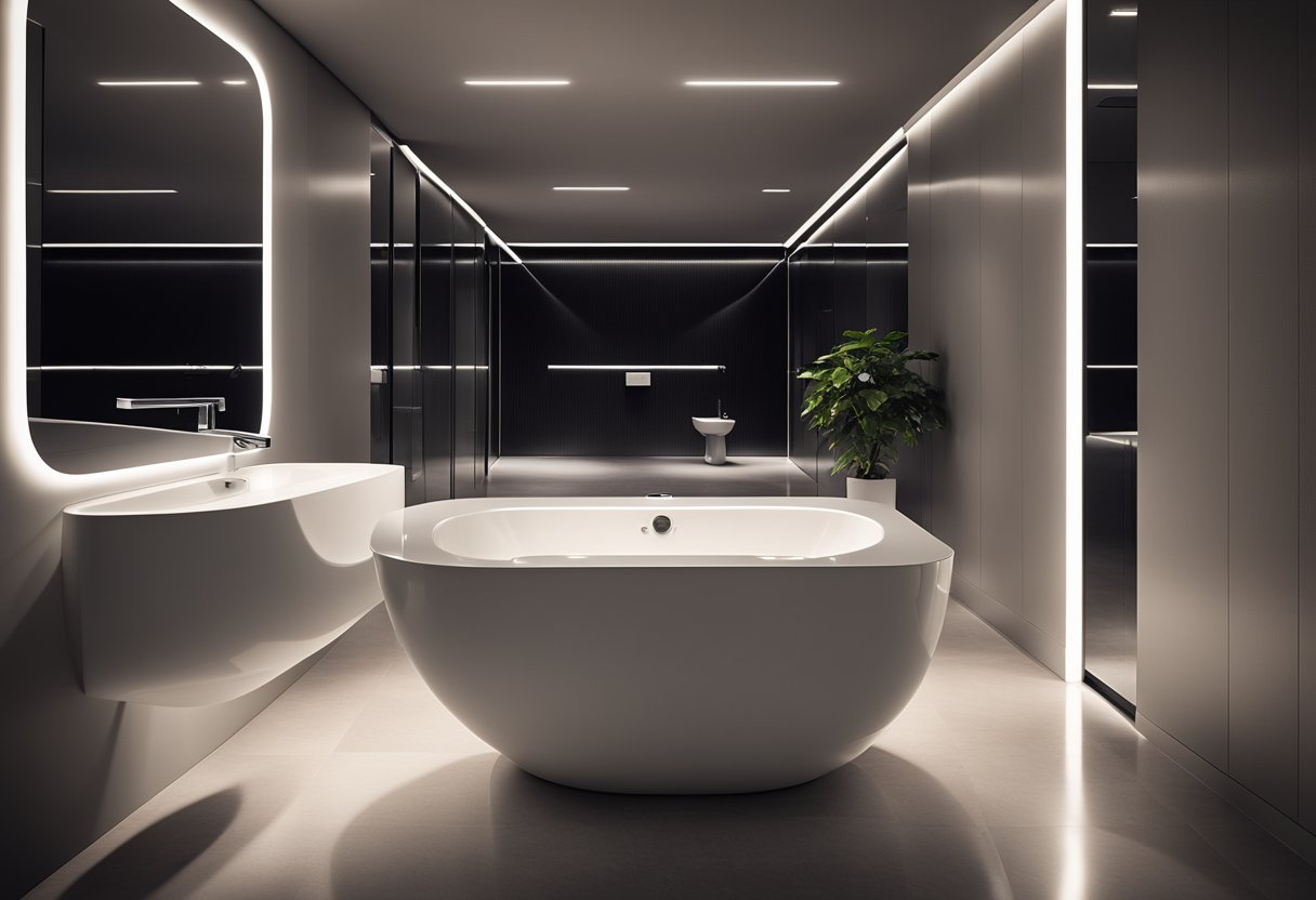 A modern toilet with sleek lines, integrated bidet, and touchless flush. Reflective surfaces and soft lighting enhance the futuristic aesthetic