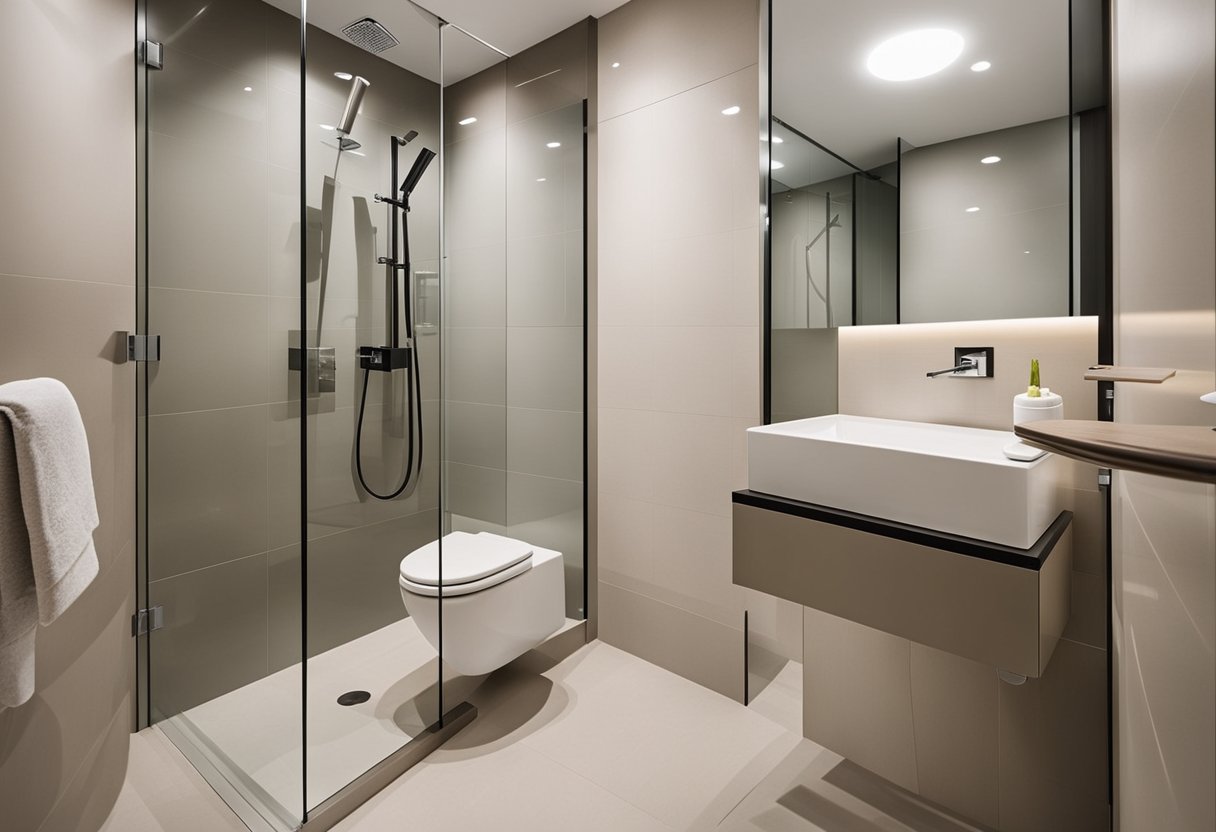 A modern HDB toilet with sleek fixtures and a neutral color palette. Glass shower enclosure, tiled walls, and a minimalist design