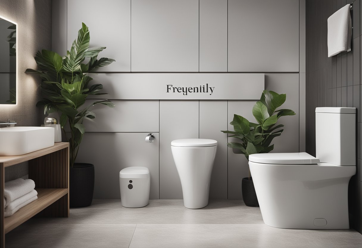 A modern toilet with sleek design, labeled "Frequently Asked Questions," surrounded by clean, minimalist bathroom decor