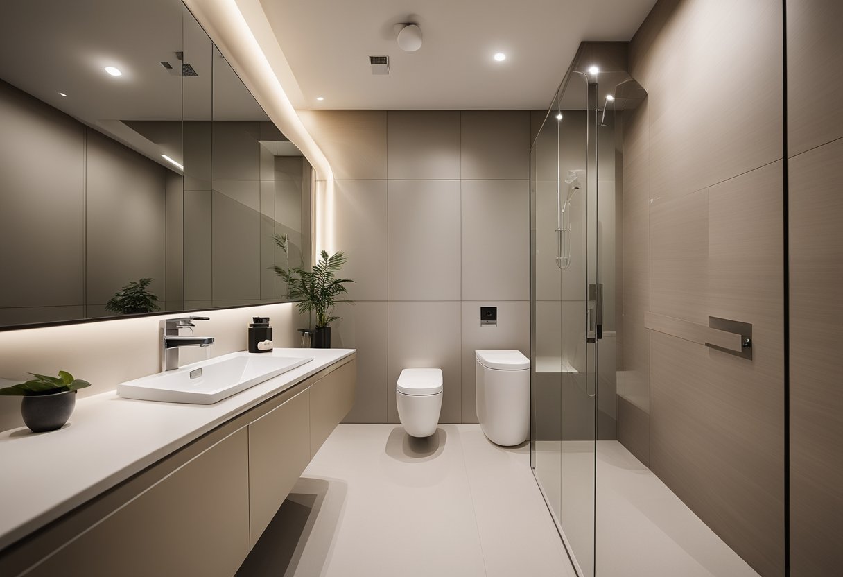 A modern, space-efficient HDB toilet with sleek fixtures and smart storage solutions. Clean lines, neutral colors, and natural light create a serene atmosphere