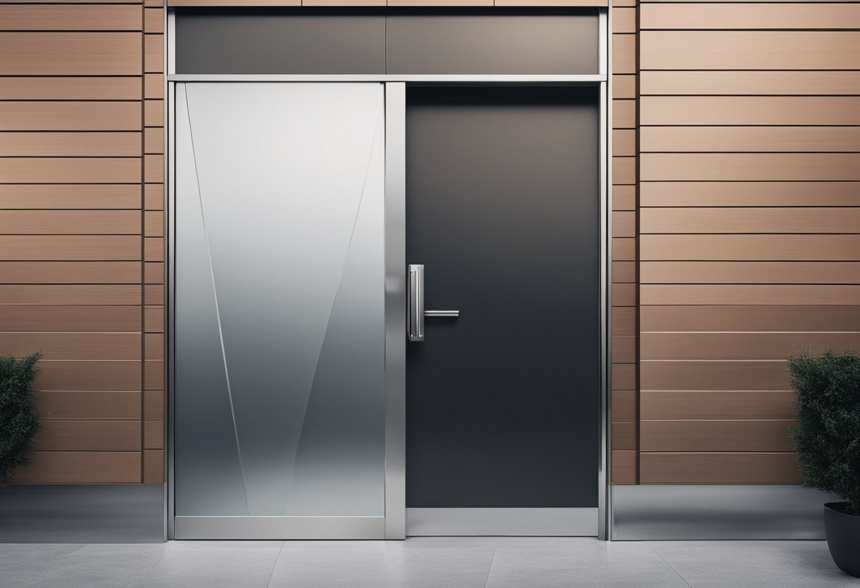 A sleek, modern toilet door made of aluminum, with a minimalist design and a smooth, metallic finish