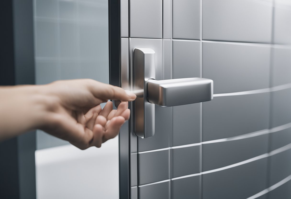 A hand reaching out to open a modern aluminium toilet door design, with sleek lines and a minimalist handle