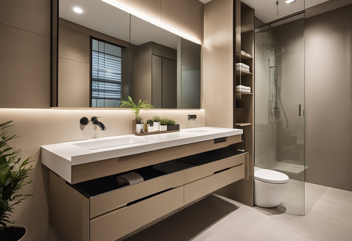A modern bathroom with sleek fixtures and neutral color palette, featuring storage solutions and accessible design elements for resale HDB units
